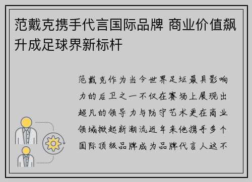 范戴克携手代言国际品牌 商业价值飙升成足球界新标杆