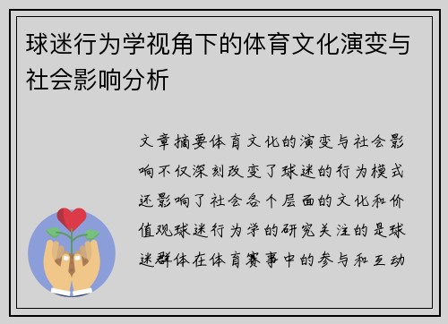 球迷行为学视角下的体育文化演变与社会影响分析 球迷行为学视角下的体育文化演变与社会影响分析